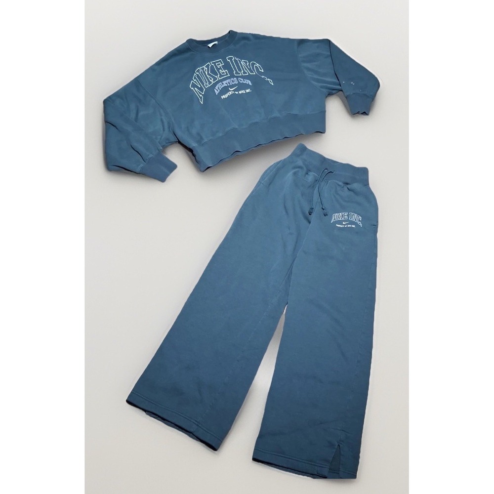 Nike Athletics Club Cropped Sweatshirt & Wide Leg Pants Set Teal XS